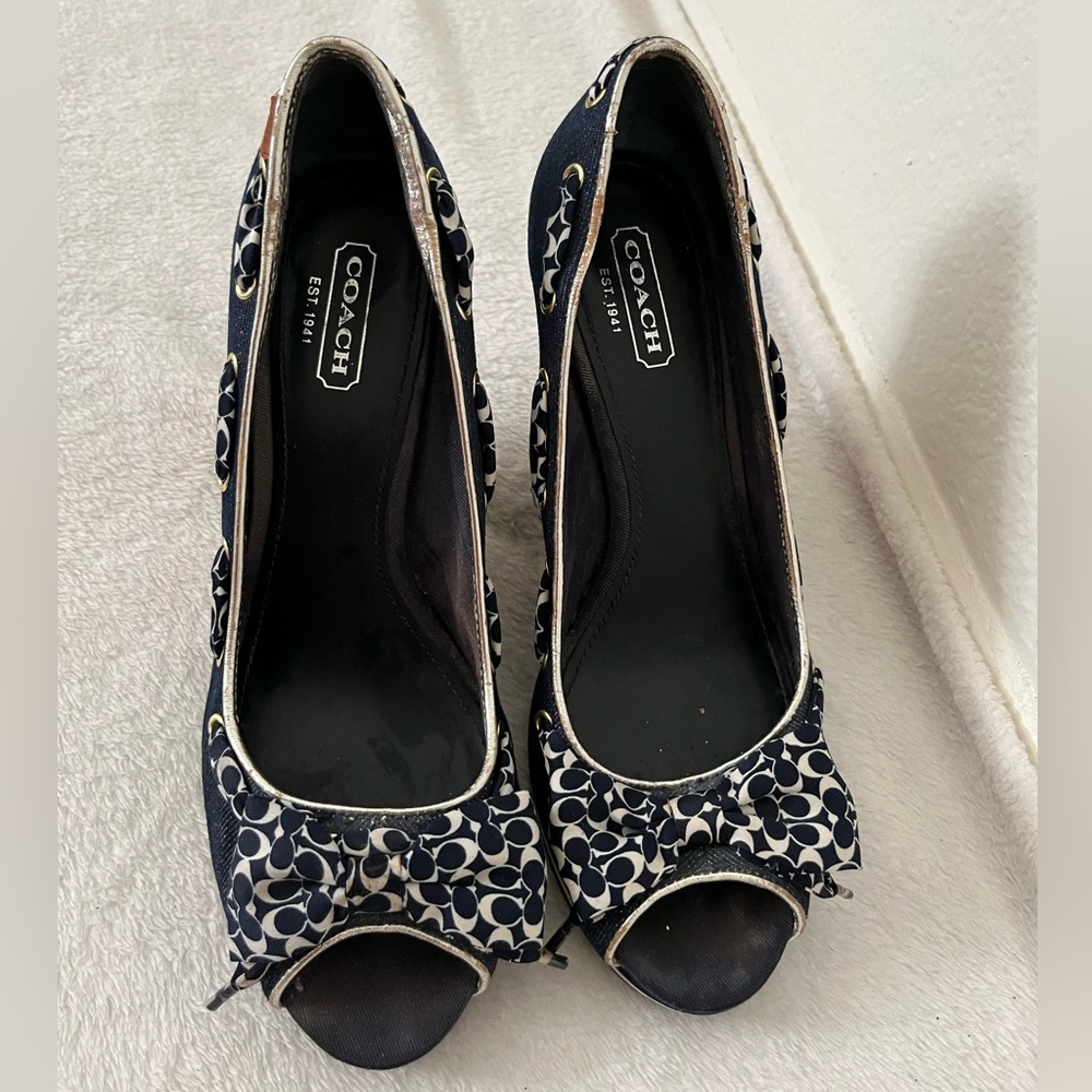 Coach Wedges,Denim Wooden Heel Coach Wedged With Signature Bow
